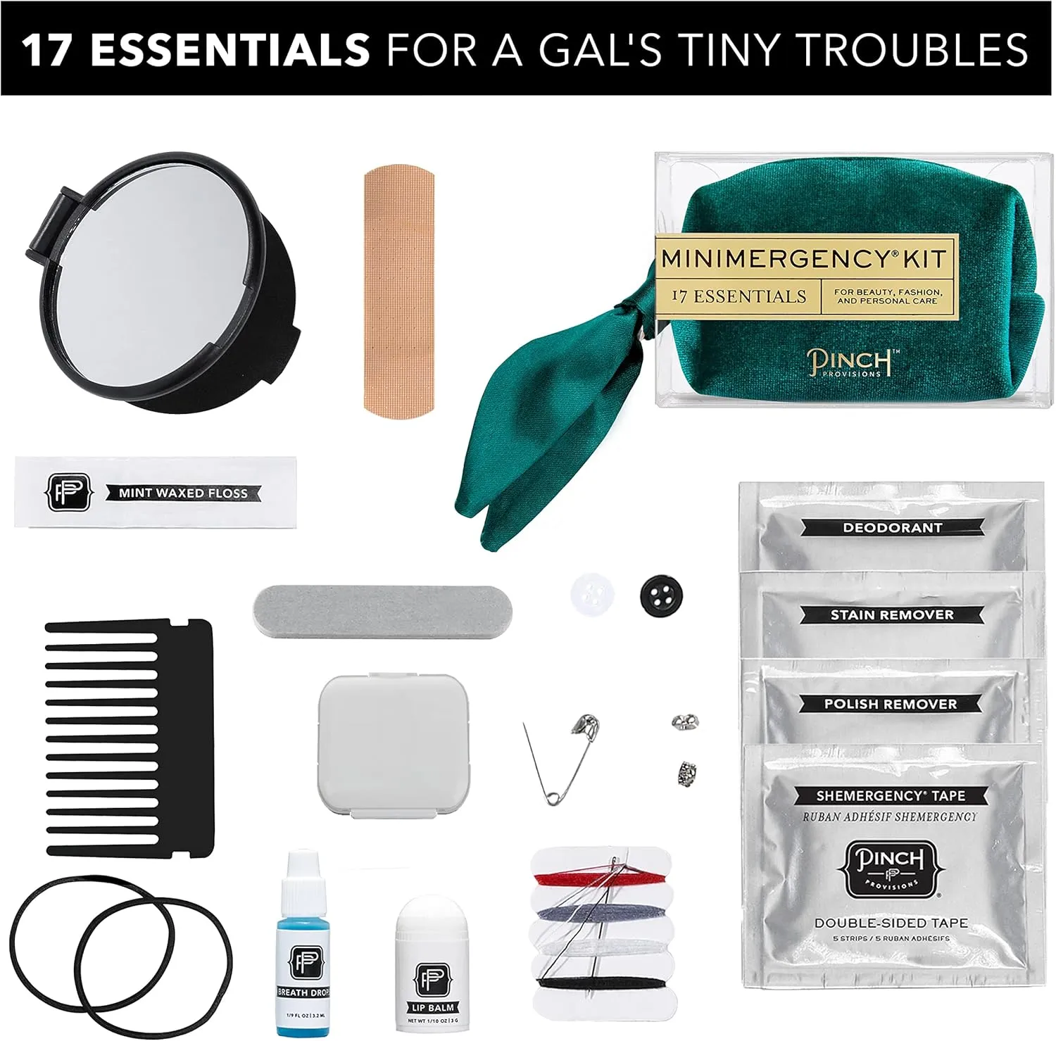 Pinch Provisions Velvet Minimergency Kit, for Her, Includes 17 Must-Have Emergency Essential Items, Compact, Multi-Functional Pouch, Gift for Parties and Birthdays