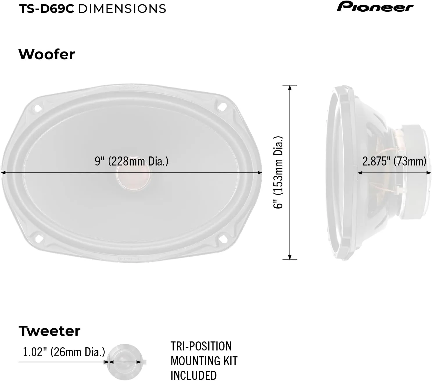 Pioneer TS-D69C, 2-Way Car Audio Speakers, Full Range, Clear Sound Quality, Easy Installation and Enhanced Bass Response, 6 x 9” Speakers, Black