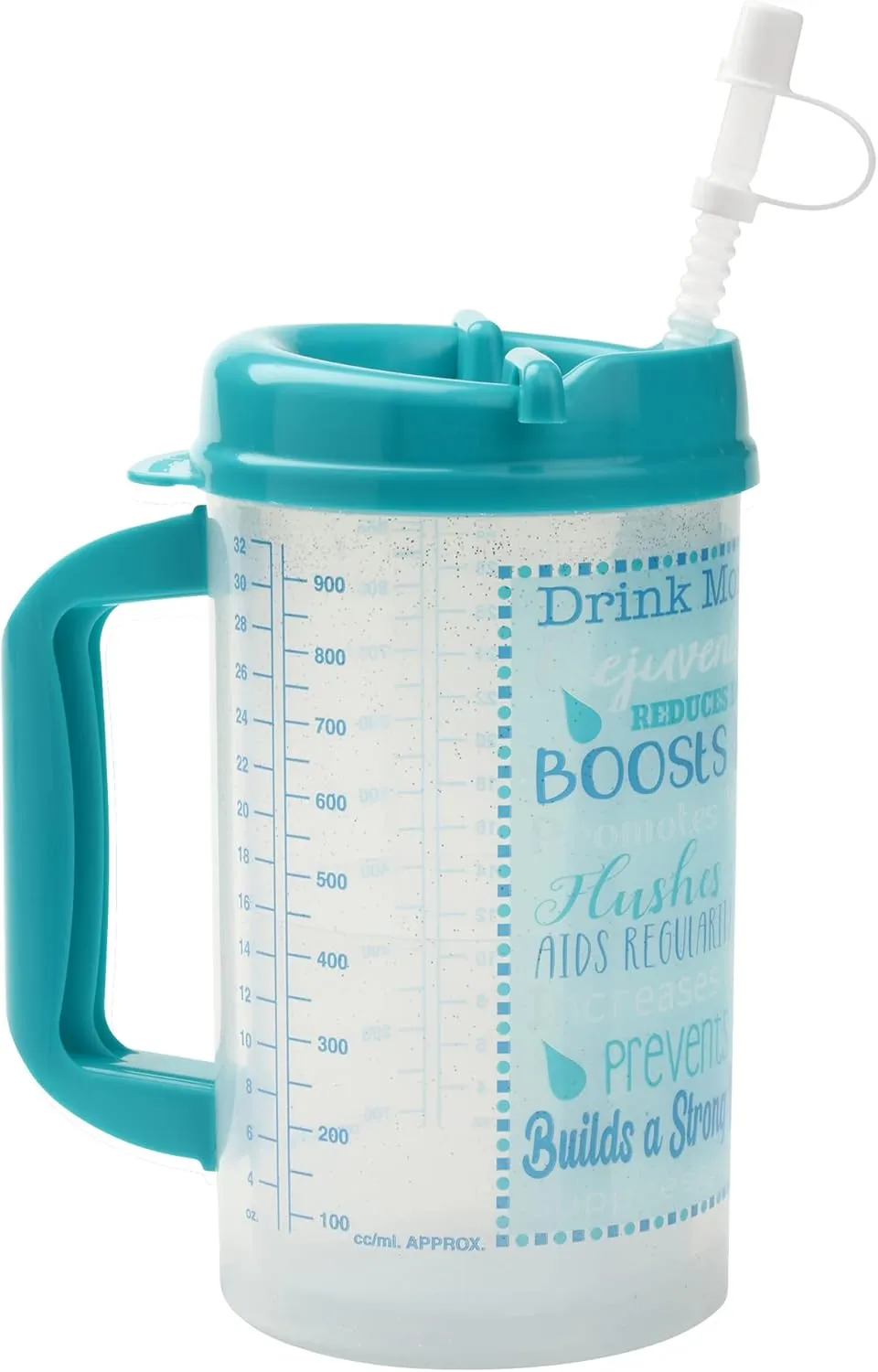 Plum Hill Hospital Cup With Lid and Straw - 32 Ounce Insulated Water Bottle, Drinking Mug With Measurements - Teal