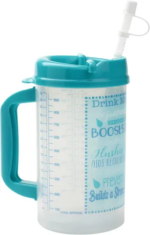 Plum Hill Hospital Cup With Lid and Straw - 32 Ounce Insulated Water Bottle, Drinking Mug With Measurements - Teal