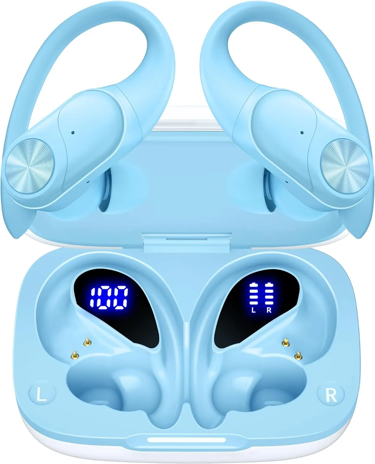 PocBuds Bluetooth Headphones Wireless Earbuds 80hrs Playtime Wireless Charging Case Digital Display Sports Ear Buds with Earhook Deep Bass IPX7 Waterproof Over-Ear Earphones for TV Phone Laptop Blue