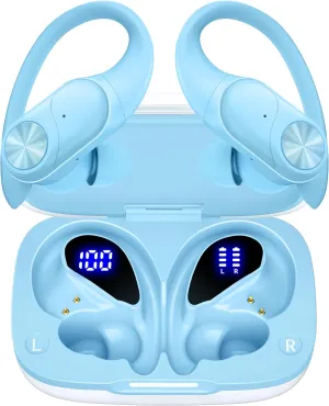 PocBuds Bluetooth Headphones Wireless Earbuds 80hrs Playtime Wireless Charging Case Digital Display Sports Ear Buds with Earhook Deep Bass IPX7 Waterproof Over-Ear Earphones for TV Phone Laptop Blue