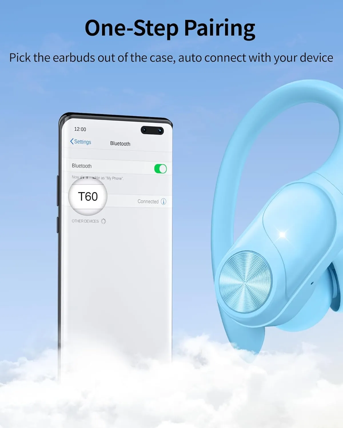 PocBuds Bluetooth Headphones Wireless Earbuds 80hrs Playtime Wireless Charging Case Digital Display Sports Ear Buds with Earhook Deep Bass IPX7 Waterproof Over-Ear Earphones for TV Phone Laptop Blue