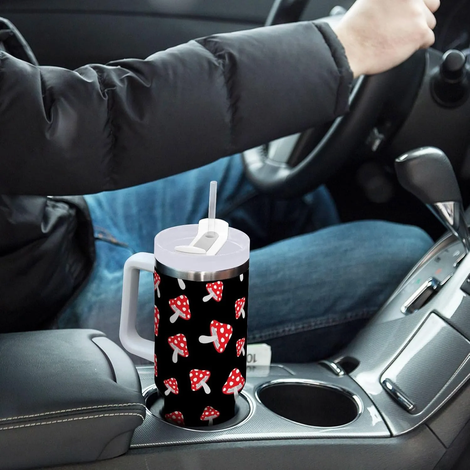 Poeticcity Stainless Steel Car Travel Mug, Thermal Tumbler Insulated Water Bottle Hot Holder Vacuum Coffee Cold Tea Cup 40 oz Seamless Forest Redon Black