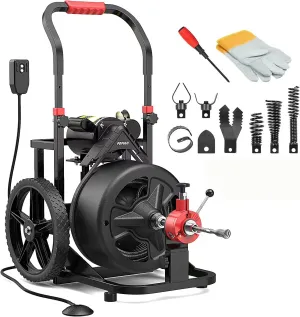 POPULO Auto Feed 100 FT×1/2" Electric Drain Snake With Mobile 12” Wheel,700W Drain Auger Includes 8 Cutters Suitable For 2-4” Pipes,Extra Long Cable Wide Drain Range Suitable for Various Scenarios