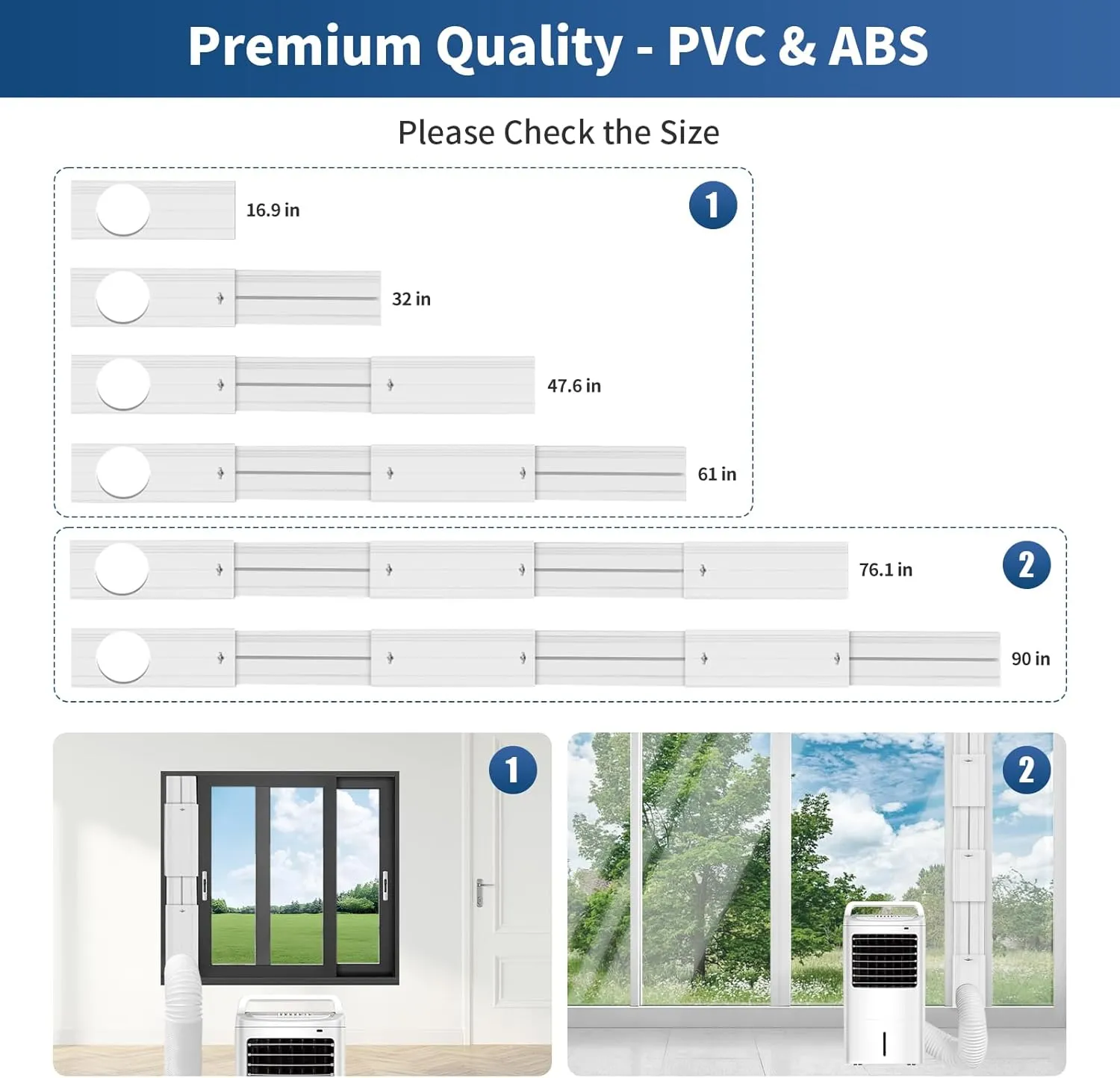 Portable Air Conditioner Sliding Door Vent Kit - Adjustable Length up to 90 Inches, Universal Balcony Seal Plate Set for 5.1" & 5.9" Diameter AC Exhaust Hose