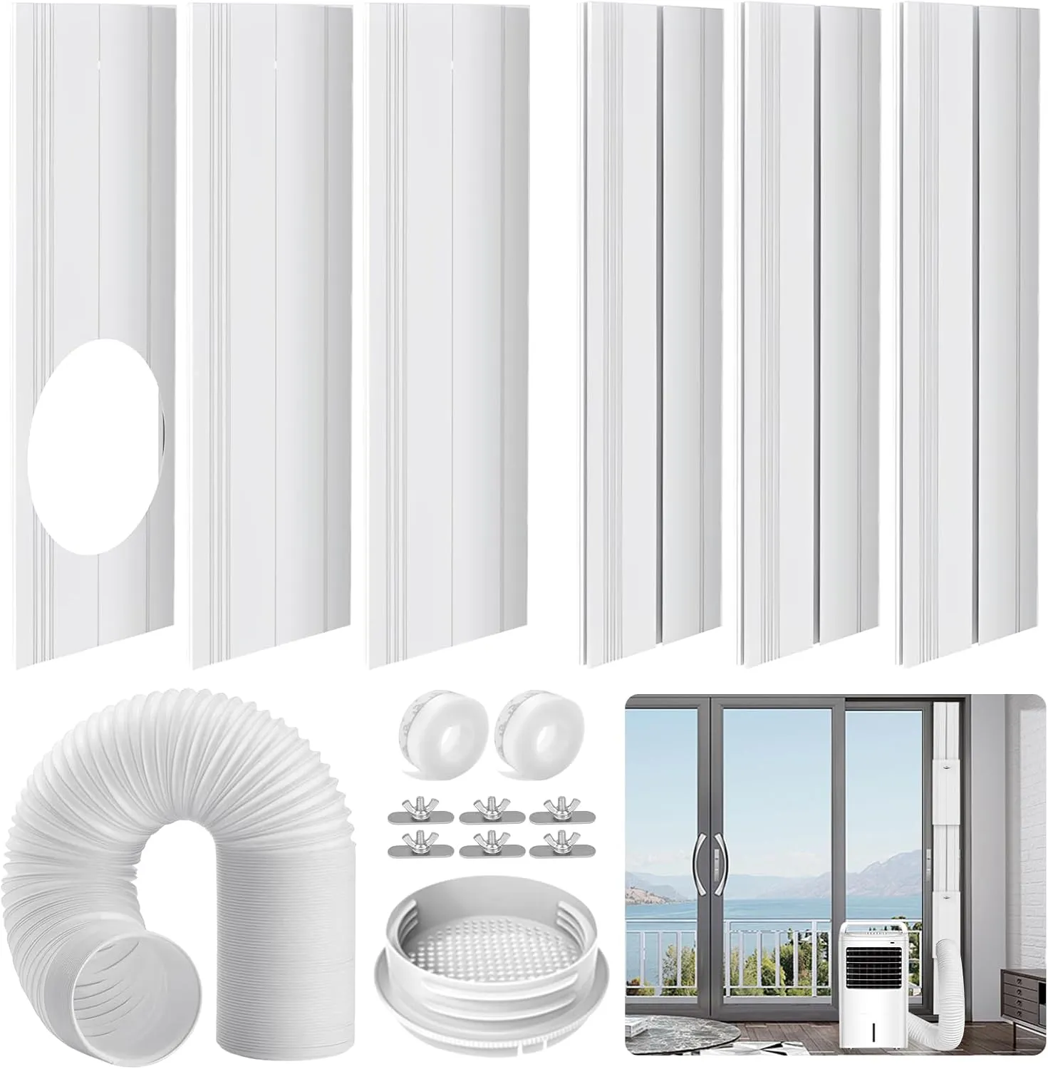 Portable Air Conditioner Sliding Door Vent Kit - Adjustable Length up to 90 Inches, Universal Balcony Seal Plate Set for 5.1" & 5.9" Diameter AC Exhaust Hose