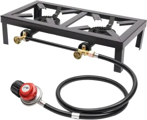 Portable Cast Iron Double Propane Cooker Burner Stove Gas Outdoor Cooking Camping Stand BBQ Grill w/Hose for Picnics, Barbecues, Home Brewing, Seafood Boil