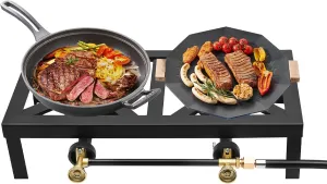 Portable Double Burner Outdoor Gas Stove Propane Cooker, flame camping stove with Adjustable 0-10Psi Regulator Hose for camping, picnics, gardens, terraces, BBQ, Turkey frying