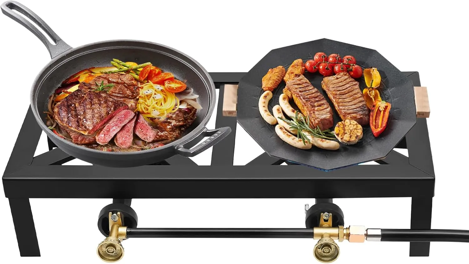 Portable Double Burner Outdoor Gas Stove Propane Cooker, flame camping stove with Adjustable 0-10Psi Regulator Hose for camping, picnics, gardens, terraces, BBQ, Turkey frying