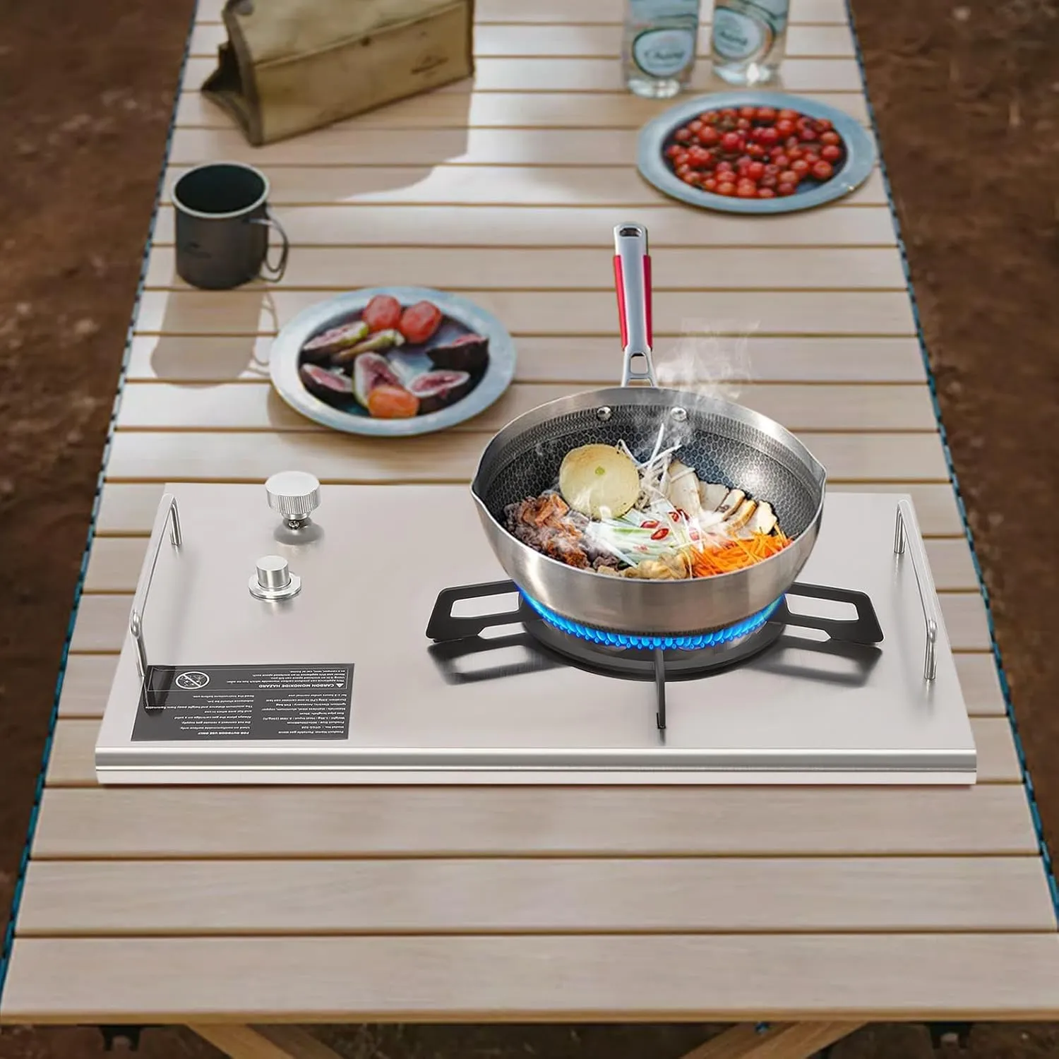 Portable Gas Stove Desktop Folding Single-Burner Gas Stove Electronic Ignition Outdoor Camping Cooking Stove Auto Ignition Camping Burner LPG for RV Apartments Outdoor (Stainless steel coloured)