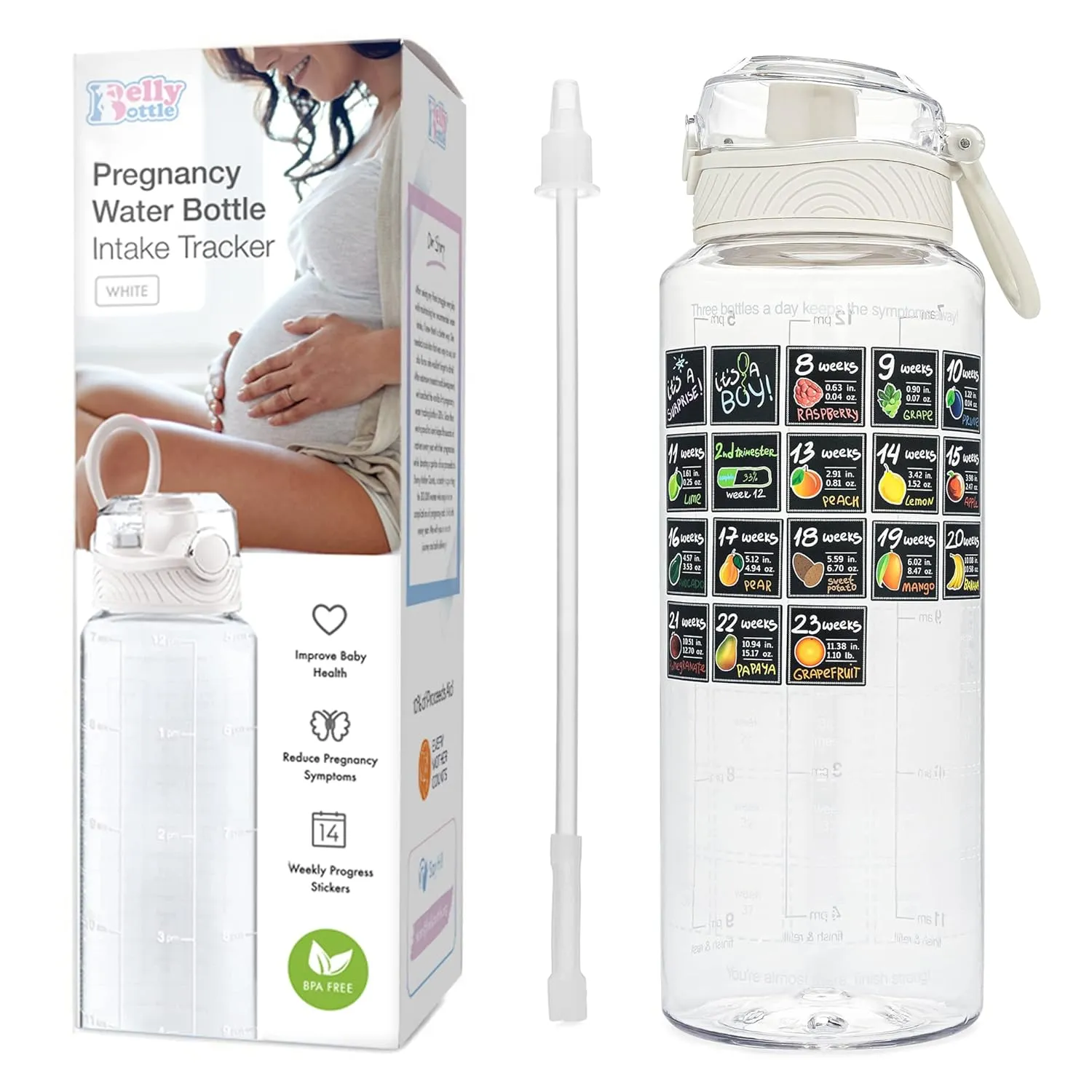 Pregnancy Water Bottle Tracker Must Haves for Expecting Moms Nausea Relief   Weekly Stickers   Straw   BPA Free White
