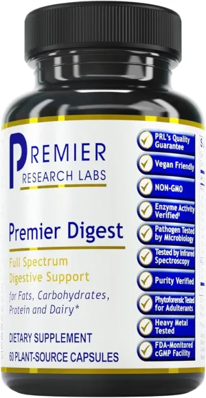 Premier Research Labs: Active Digestive Enzymes with Probiotic and Prebiotics | Promotes Full-Spectrum Digestive Support - with Amylase, Protease & Lipase, 60 Plant-Sourced Capsules