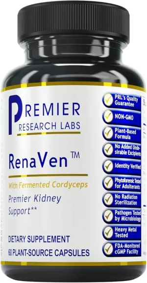 Premier Research Labs RenaVen: Premier Kidney Support for Kidney Cleanse Detox and Repair | Improve Kidney Function and Urinary Support with Fermented Cordyceps - 60 Plant-Source Capsules