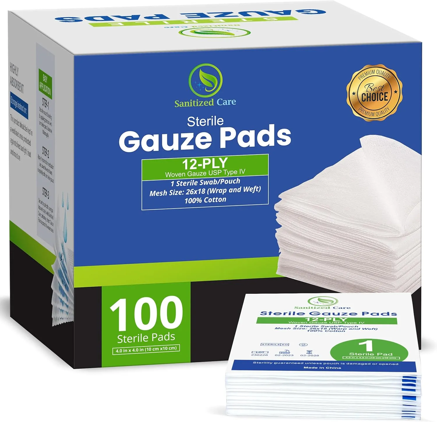 Premium 100pc Large Gauze Pads 4x4 sterile for Wounds Bulk - 12-Ply Woven Gauze Sponges - USP IV Thick and Breathable - First Aid Essential