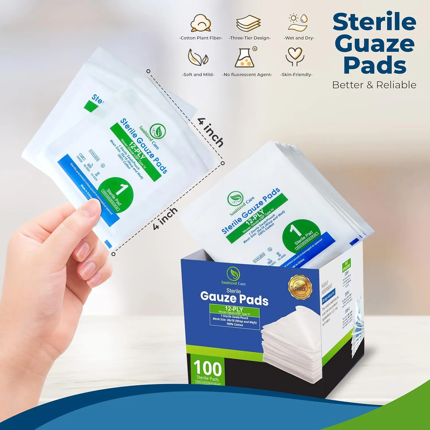 Premium 100pc Large Gauze Pads 4x4 sterile for Wounds Bulk - 12-Ply Woven Gauze Sponges - USP IV Thick and Breathable - First Aid Essential
