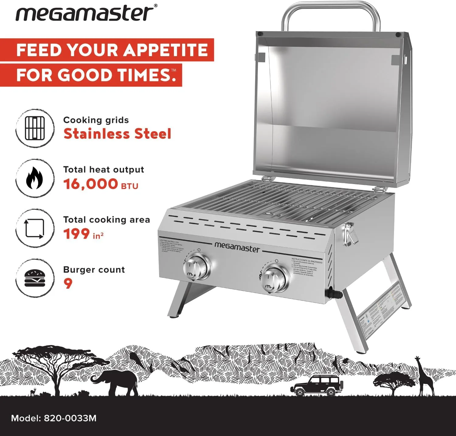 Premium Outdoor Cooking 2-Burner Grill, While Camping, Outdoor Kitchen, Patio Garden, Barbecue with Two Foldable legs, Silver in Stainless Steel