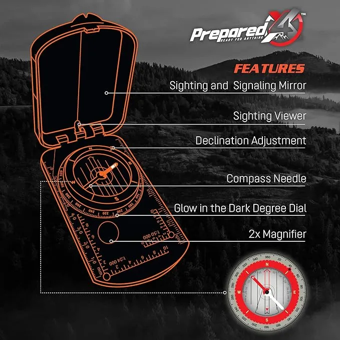 PREPARED4X Hiking Compass Survival – Mirror Sighting Map Orienteering Compass – with 35-Ft 550 Survival Paracord Lanyard, Fire Starter, Whistle, Fishing Line, Tinder Cord