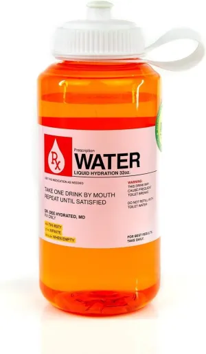 Prescription Water 32 Oz Plastic Water Bottle With Lid - Wide-Mouth, BPA-Free Novelty Hydroflask - Fun, Unique Orange Medicine Bottle With Screwtop Cap Design - Hydration Enthusiast Gift Idea