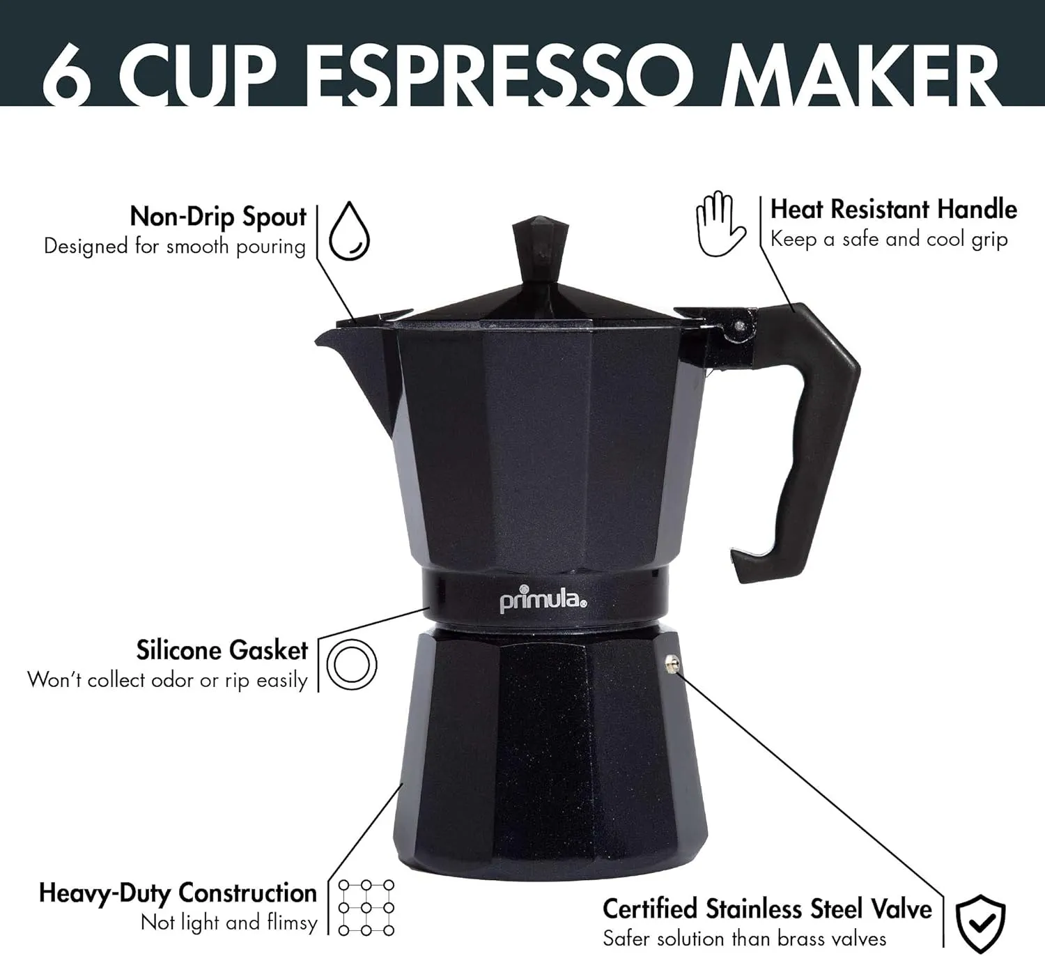 Primula Classic Stovetop Espresso and Coffee Maker, Moka Pot for Italian and Cuban Café Brewing, Greca Coffee Maker, Cafeteras, 6 Espresso Cups, Black