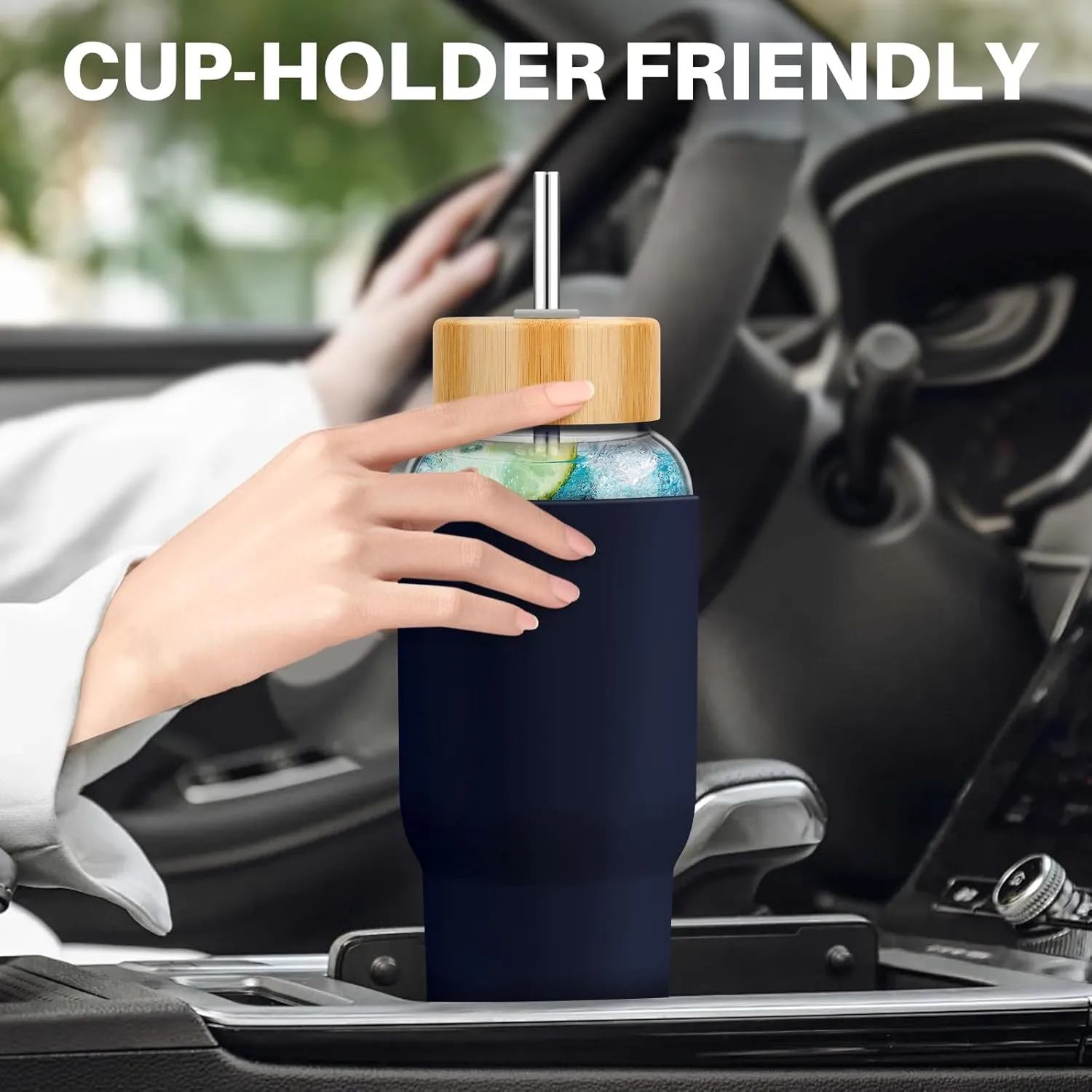 PROBTTL Glass Water Bottles 32 oz, 1 Liter Glass Tumbler, Borosilicate Water Bottle with Straw, Silicone Sleeve, 2 Lids - Handle Spout & Bamboo Straw Lid, Fits Car Cup Holder