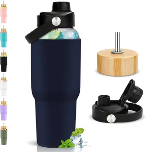 PROBTTL Glass Water Bottles 32 oz, 1 Liter Glass Tumbler, Borosilicate Water Bottle with Straw, Silicone Sleeve, 2 Lids - Handle Spout & Bamboo Straw Lid, Fits Car Cup Holder