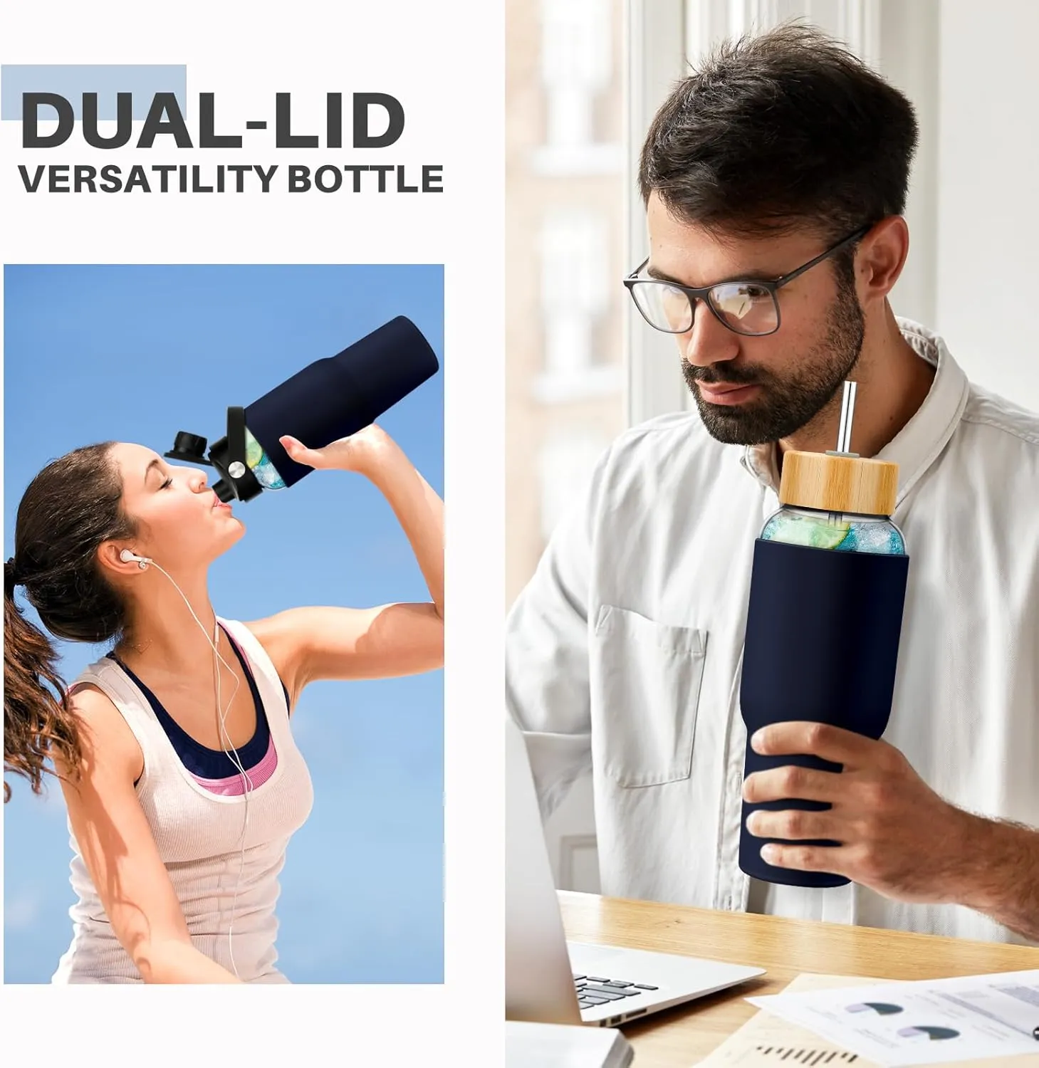 PROBTTL Glass Water Bottles 32 oz, 1 Liter Glass Tumbler, Borosilicate Water Bottle with Straw, Silicone Sleeve, 2 Lids - Handle Spout & Bamboo Straw Lid, Fits Car Cup Holder