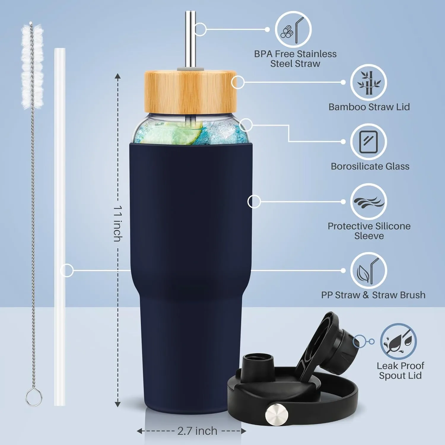 PROBTTL Glass Water Bottles 32 oz, 1 Liter Glass Tumbler, Borosilicate Water Bottle with Straw, Silicone Sleeve, 2 Lids - Handle Spout & Bamboo Straw Lid, Fits Car Cup Holder