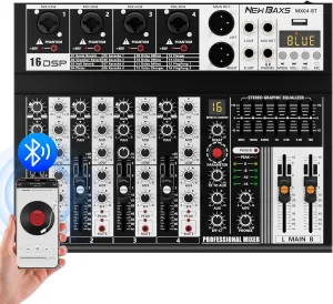 Professional Audio Mixer, 4 Channel Audio Interface Sound Board Mixing Console System Monitor, NEW BAXS 16-Bit DSP DJ Bluetooth Mixer  48V Phantom Effect For Karaoke Studio Streaming Recording