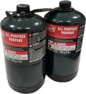 Propane Replacement Fuel Cylinders 16 Ounces Camping (2 Pack). Factory Pre-Filled and Ready to Use