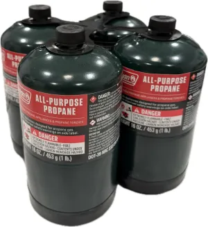Propane Replacement Fuel Cylinders 16 Ounces Camping (4 Pack). Factory Pre-Filled, Ready to Use