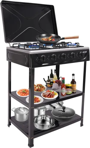 Propane Stove with 5 Burners Portable 2 Tier Storage Rack and Wind Blocking Cover Manual Ignition for Camping Picnic RV Cooking Outdoor Natural Grill (Black)