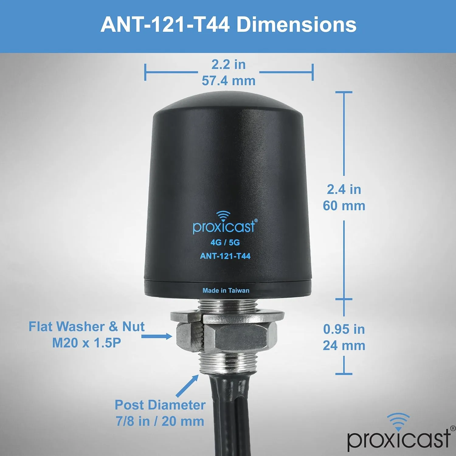 Proxicast 4x4 MIMO 5G Antenna - Vandal Resistant Low Profile Omnidirectional Through-Hole Mount - 12 ft Coax - Black - Compatible with Cisco, Cradlepoint, Digi, MoFi & Others (ANT-121-T44-B-12)