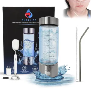 Puralife Hydrogen Water Bottle - Complete Hydration System with Oxygen Therapy, Universal Adapter, Straw & Cleaning Kit, Includes Charger with Cable