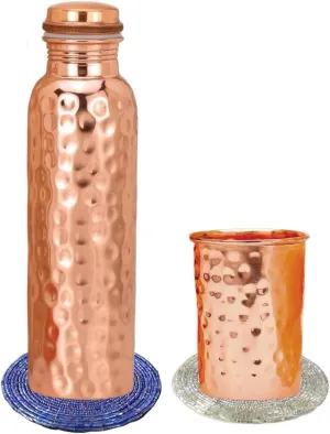 Pure Copper Bottle & Glass Set with 2 Coasters (Random Colors) | Ayurvedic Drinkware for Healthy Hydration | Eco-Friendly & Leak-Proof Design