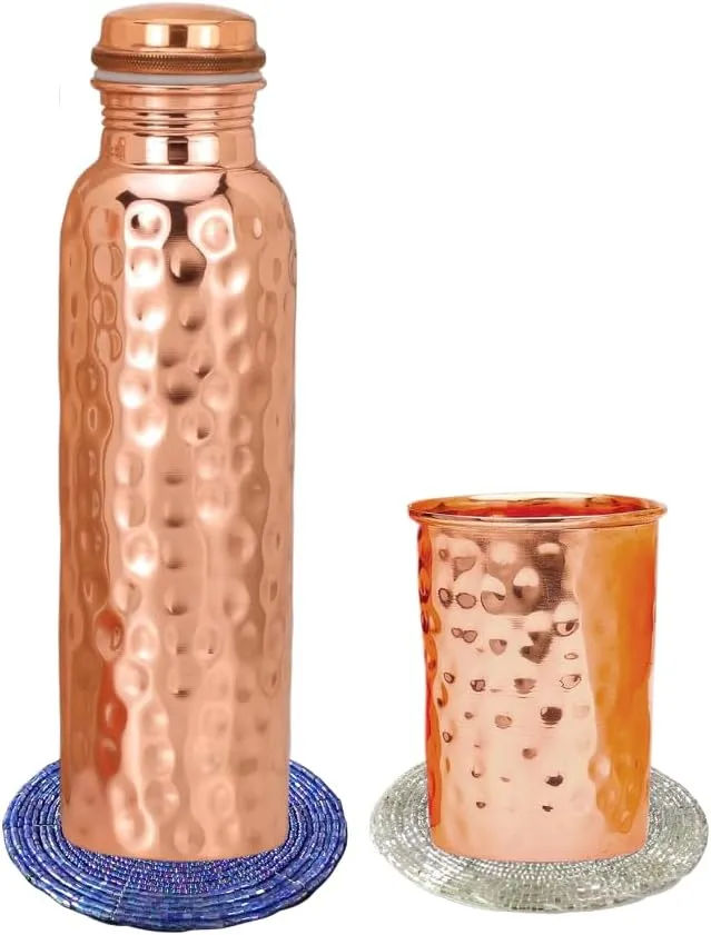 Pure Copper Bottle & Glass Set with 2 Coasters (Random Colors) | Ayurvedic Drinkware for Healthy Hydration | Eco-Friendly & Leak-Proof Design