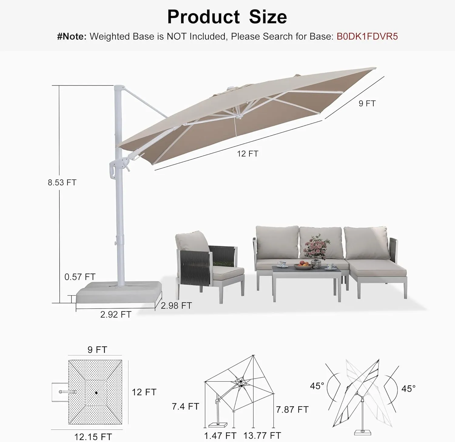 PURPLE LEAF 9' X 12' Right-left Tilt Patio Umbrella Swivel White Cantilever Umbrella with Tilt Aluminum Outdoor Umbrella with 360° Rotation for Deck Pool Garden, Beige