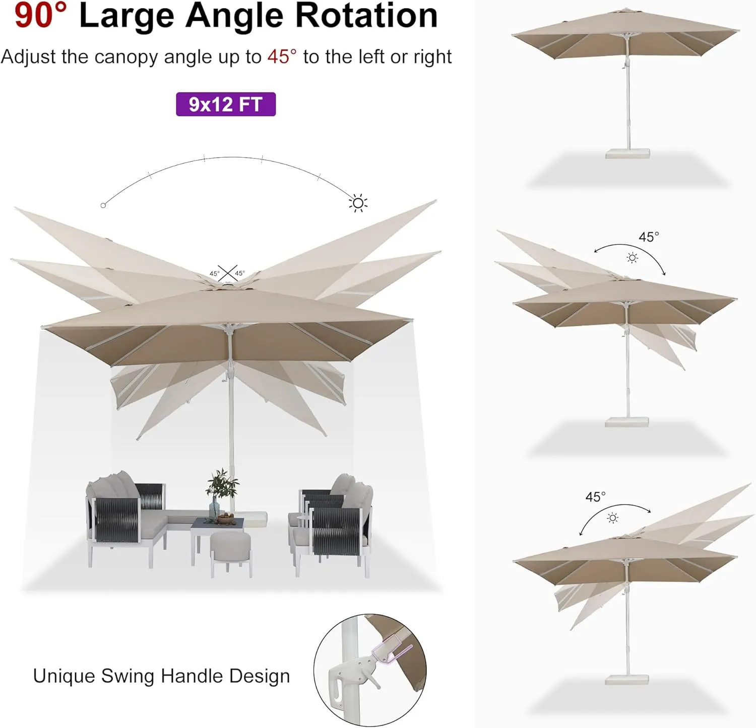 PURPLE LEAF 9' X 12' Right-left Tilt Patio Umbrella Swivel White Cantilever Umbrella with Tilt Aluminum Outdoor Umbrella with 360° Rotation for Deck Pool Garden, Beige