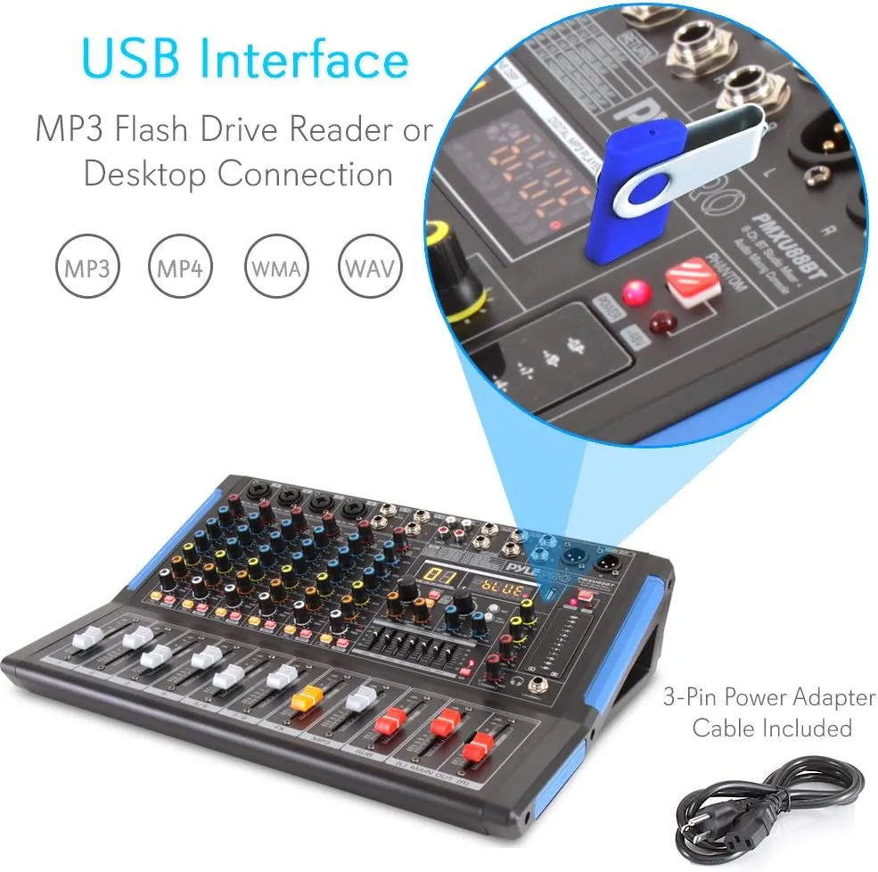 Pyle 8-Channel Bluetooth DJ Audio Mixer - Sound Controller w/ USB Drive for PC Recording - XLR Mic Input - 48V Power - 7-Band EQ - RCA I/O - DSP Processor for Professional & Beginners - PMXU88BT