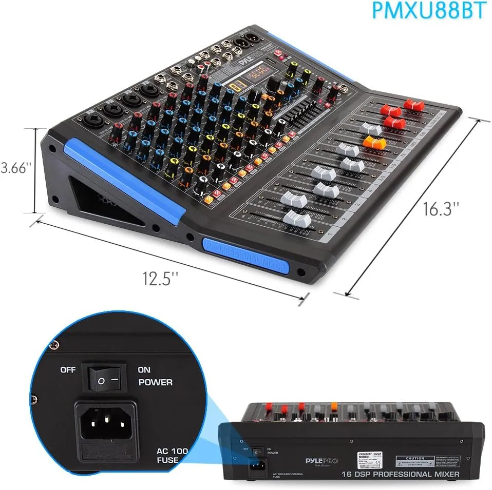 Pyle 8-Channel Bluetooth DJ Audio Mixer - Sound Controller w/ USB Drive for PC Recording - XLR Mic Input - 48V Power - 7-Band EQ - RCA I/O - DSP Processor for Professional & Beginners - PMXU88BT
