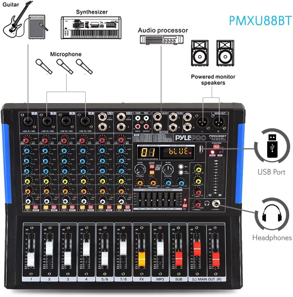 Pyle 8-Channel Bluetooth DJ Audio Mixer - Sound Controller w/ USB Drive for PC Recording - XLR Mic Input - 48V Power - 7-Band EQ - RCA I/O - DSP Processor for Professional & Beginners - PMXU88BT