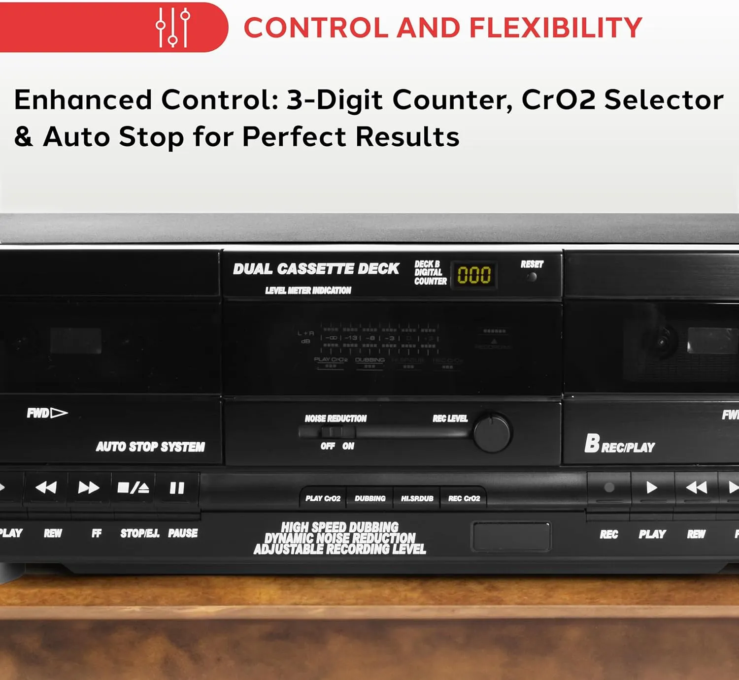 Pyle Home Digital Dual Cassette Deck Media Player Music Recording Device with RCA Cables Switchable Rack Mounting Hardware CrO2 Tape Selector Included 3 Digit Counter - 110V/220V