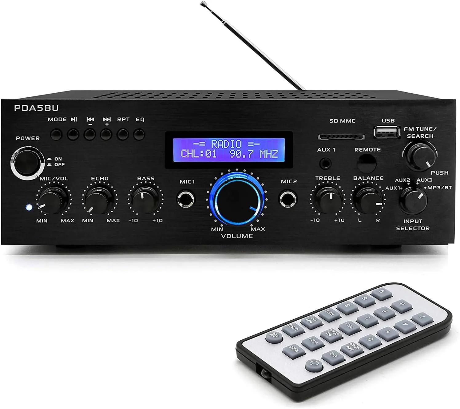 Pyle Wireless Bluetooth Power Amplifier - 200 Watt Audio Stereo Receiver w/ USB Port, AUX IN, FM Radio, 2 Karaoke Microphone Input, Remote, Home Entertainment System - PDA5BU