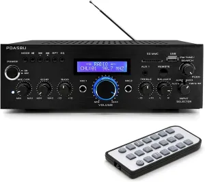 Pyle Wireless Bluetooth Power Amplifier - 200 Watt Audio Stereo Receiver w/ USB Port, AUX IN, FM Radio, 2 Karaoke Microphone Input, Remote, Home Entertainment System - PDA5BU
