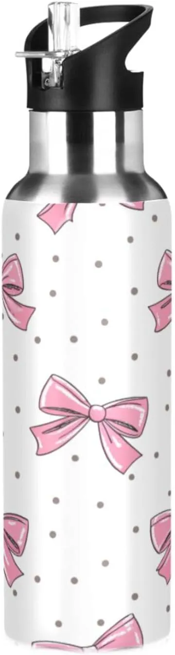 Qilmy Bow Pink Sport Water Bottle with Straw Lid Double Wall Vacuum Insulated Flask Stainless Steel Water Bottle 20 oz