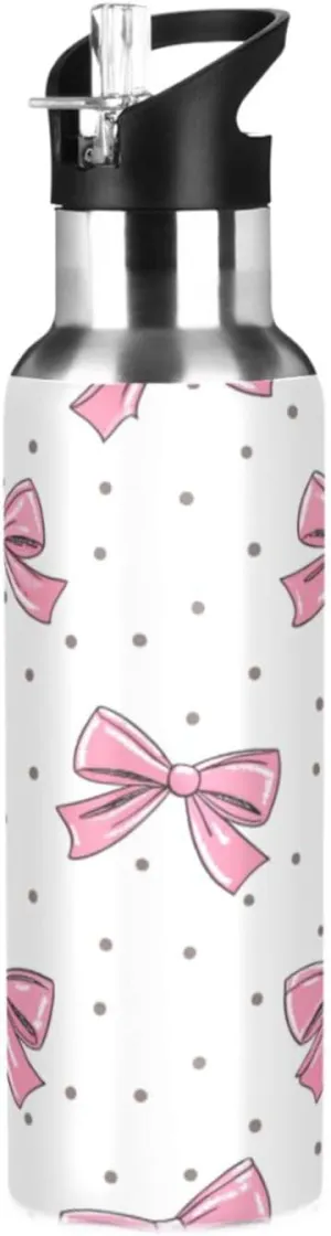 Qilmy Bow Pink Sport Water Bottle with Straw Lid Double Wall Vacuum Insulated Flask Stainless Steel Water Bottle 20 oz