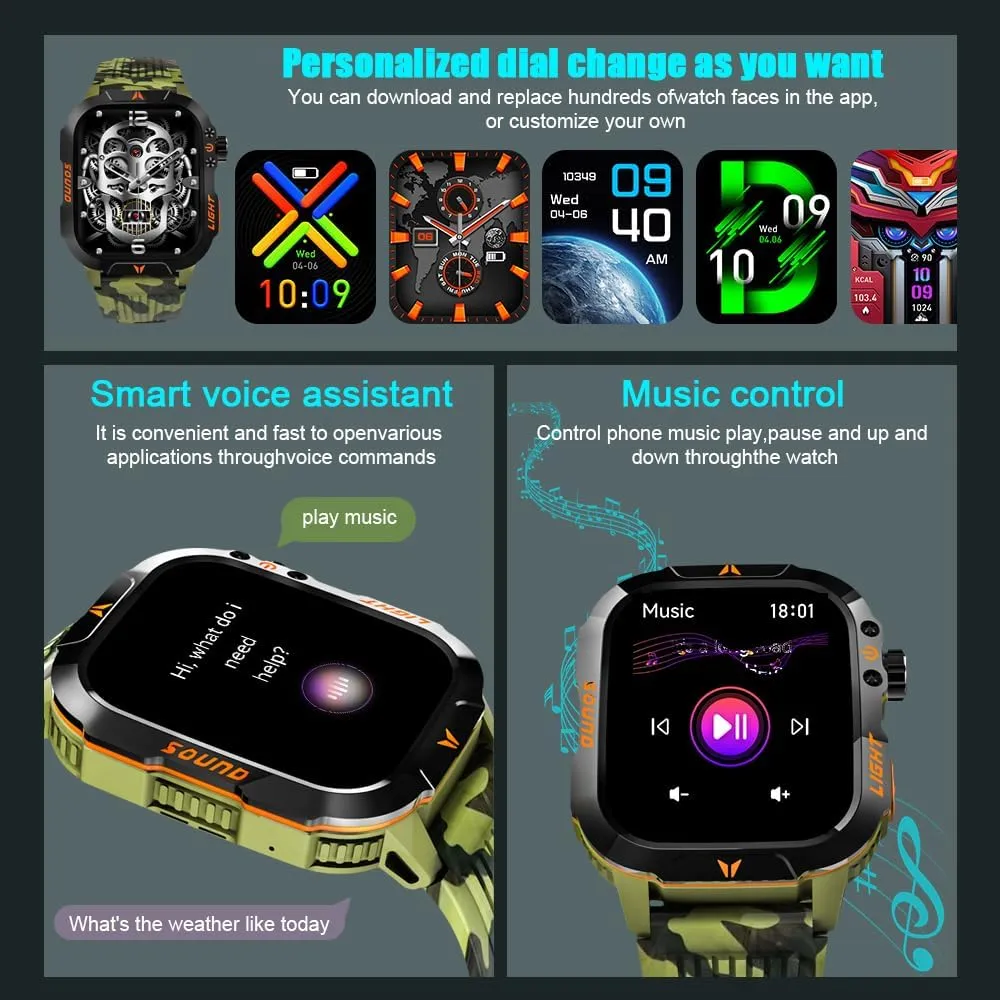 QTLLBT Men's Military Smart Watch HD LED Altimeter Barometer Fitness Tracker Sports Watch with Heart Rate SpO2 Pressure Sleep Monitoring Function Men Women Watch