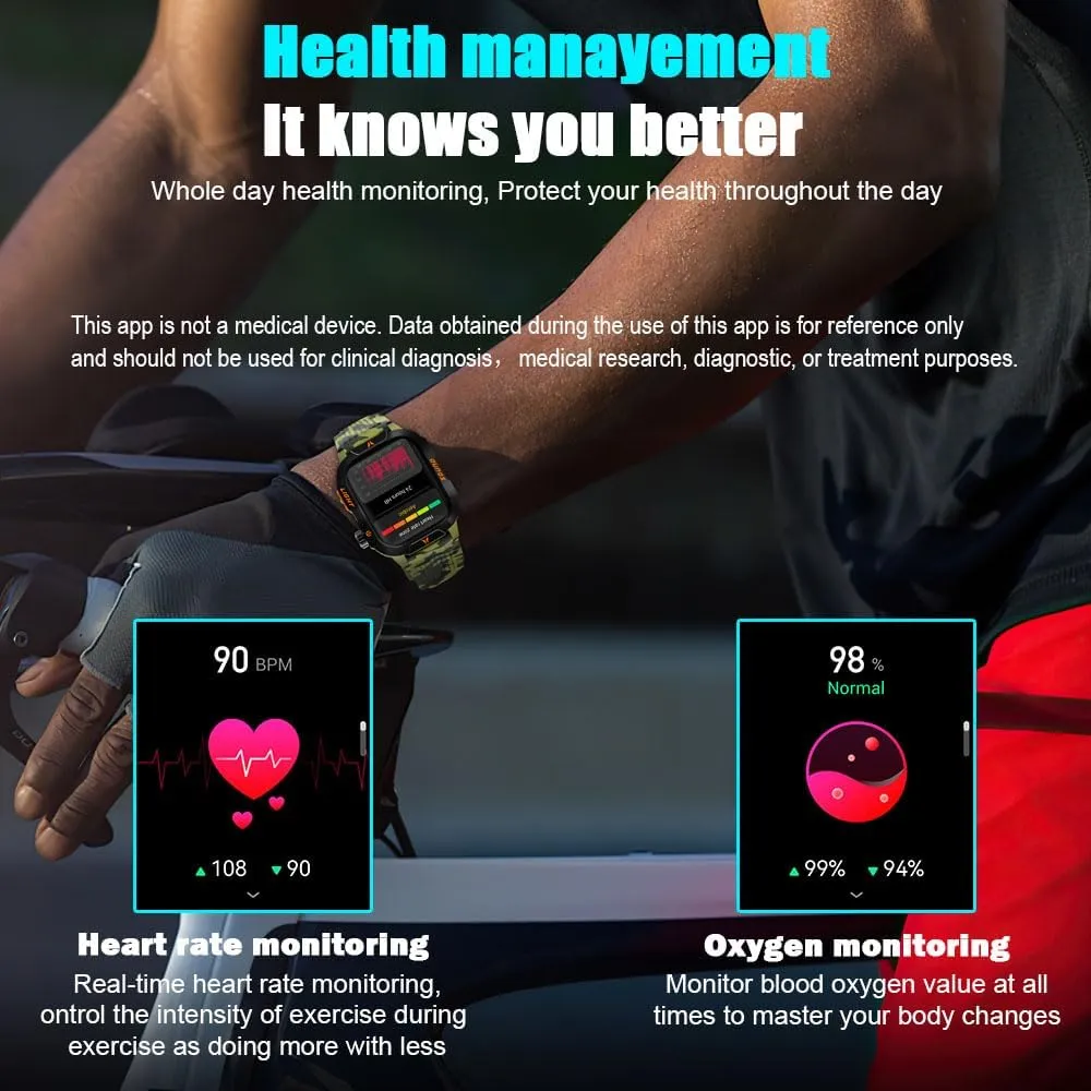 QTLLBT Men's Military Smart Watch HD LED Altimeter Barometer Fitness Tracker Sports Watch with Heart Rate SpO2 Pressure Sleep Monitoring Function Men Women Watch