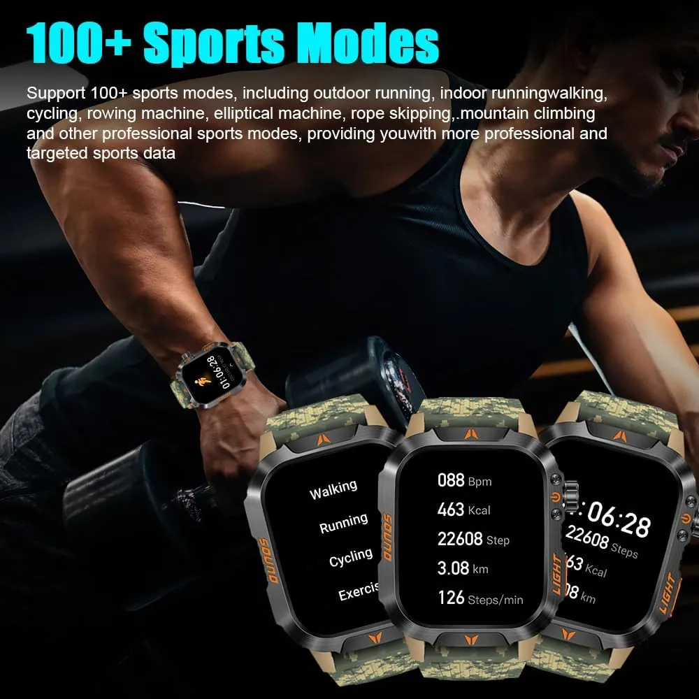 QTLLBT Military Outdoor Watch Altimeter Barometer Compass Tactical Smart Fitness Watch Heart Rate Sleep Monitor 100  Sport Modes Fitness Available for Android and iOS (Camouflage Yellow)