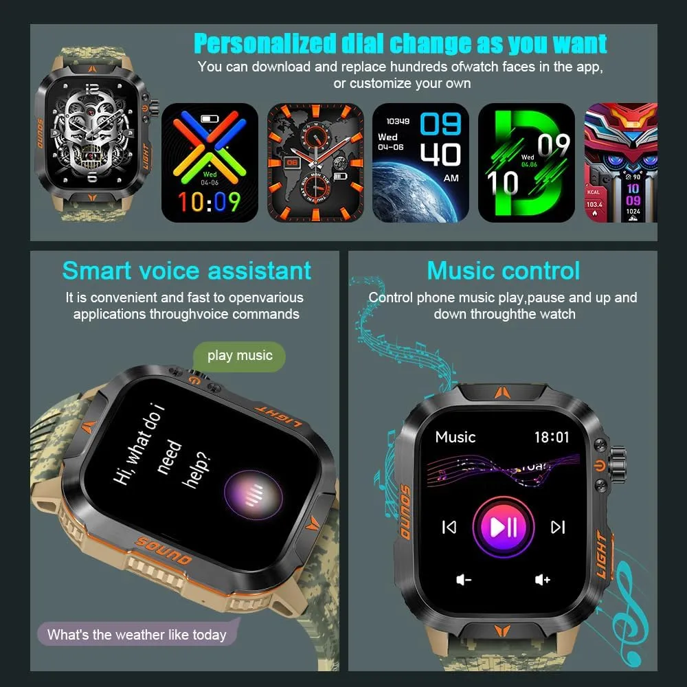 QTLLBT Military Outdoor Watch Altimeter Barometer Compass Tactical Smart Fitness Watch Heart Rate Sleep Monitor 100  Sport Modes Fitness Available for Android and iOS (Camouflage Yellow)